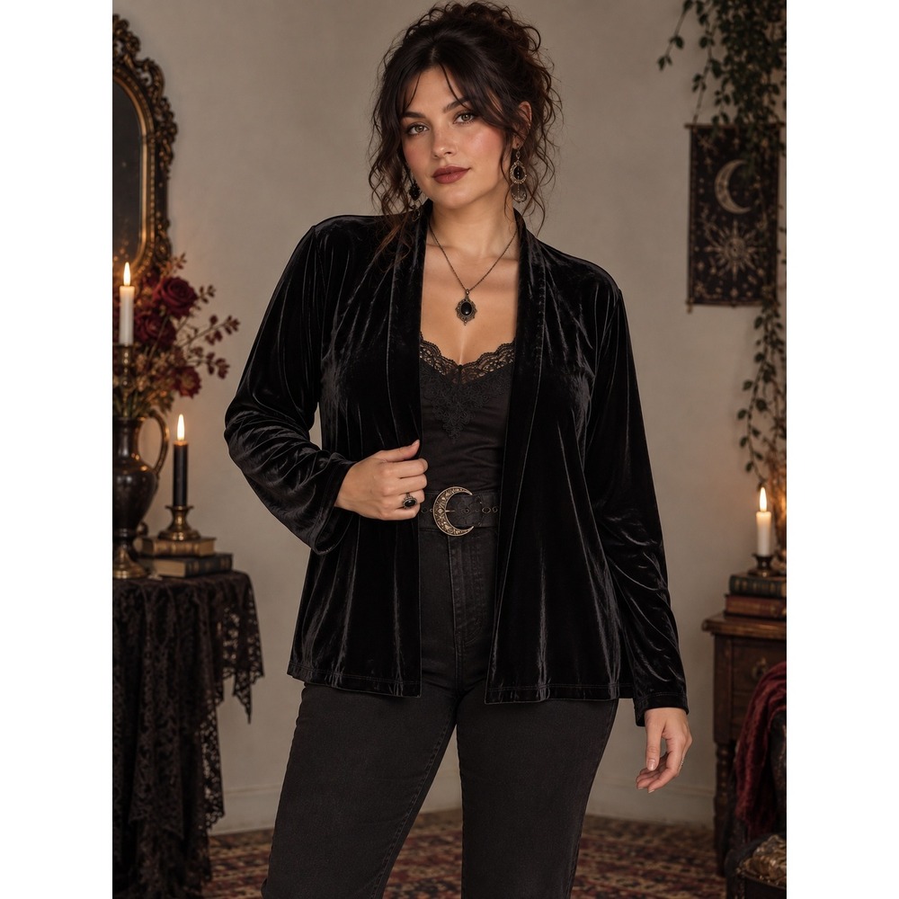 Whimsigoth Gothic Minimalist Formal Black Velour Cardigan Plus 1X Oversized